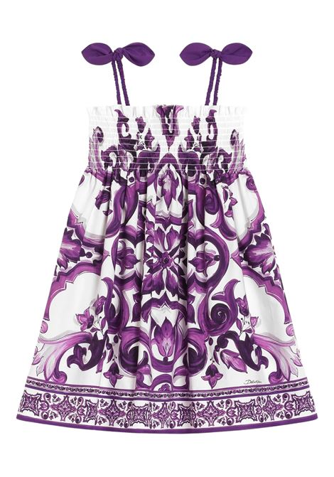 Dress with Purple Maiolica Print and Bow Shoulder Straps DOLCE & GABBANA KIDS | L54DE0-HH5ENIP3TN